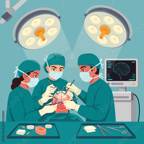 Dedicated medical team performing intricate brain surgery under bright lights, showcasing modern healthcare and surgical precision for medical advancement concepts