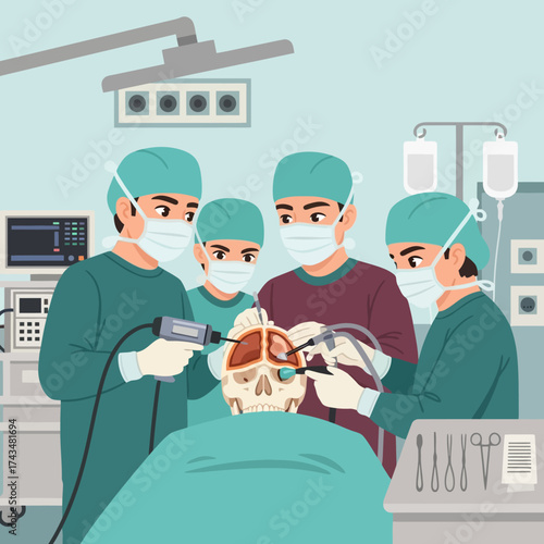 Dedicated surgeons perform intricate brain surgery with precision instruments in a modern operating room ensuring patient well being and medical advancement