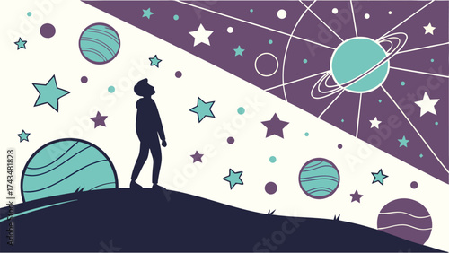 Person gazing at a stunning cosmos filled with planets, stars, and galaxies, sparking wonder and imagination