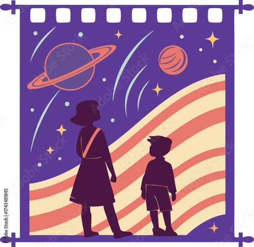 Mother and child gazing at a vibrant, colorful depiction of planets and stars, dreaming of space exploration
