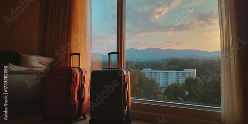 Luggage next to hotel room window with scenic view of mountains and sunset, warm light creates cozy atmosphere perfect