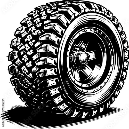 Heavy-Duty Tire: Bold graphic showcases a rugged, all-terrain tire, emphasizing its robust design and treads, ready for challenging journeys and demanding landscapes. 