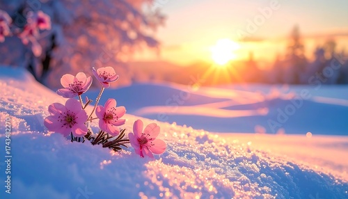 Pink flowers in snow at sunrise