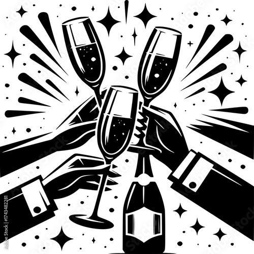 Celebratory Toast: Elegant black and white illustration of a toast, capturing hands holding champagne flutes in a gesture of celebration, with a champagne bottle in between.