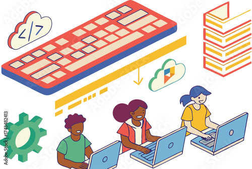 Team of diverse tech experts collaborate on innovative coding project using cloud computing and modern technology