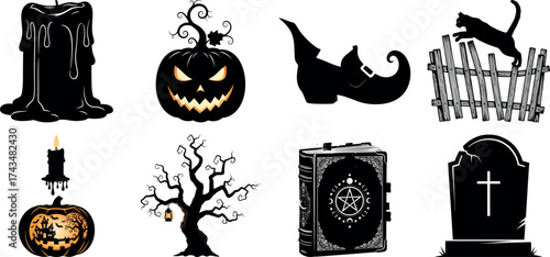 Vector art of collection of halloween icons including a dripping candle, jackolantern, witch hat, black cat, spooky tree, and tombstone