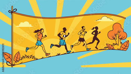 Energetic runners sprinting towards a bright future, achieving goals during a sunny outdoor race, fitness