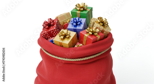 Santa's vibrant holiday sack brimming with colorful gifts ready for Christmas morning celebrations and festive cheer