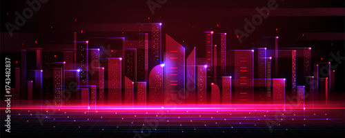 Digital tech landscape with abstract AI city and neon skyscrapers for futuristic concepts. Pink buildings glow on dark grid with data points. Cyberpunk metropolis for presentations or backgrounds.