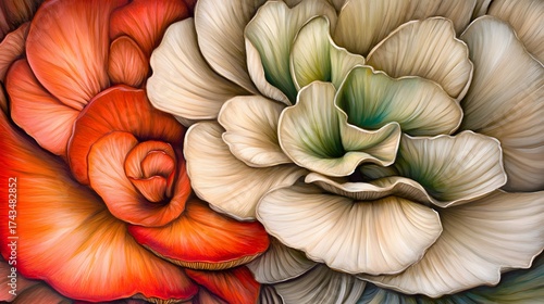 Dramatic floral illustration of two abstract blossoms close up