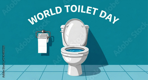 Clean White Toilet with Open Lid and Blue Water, Illustrated Design