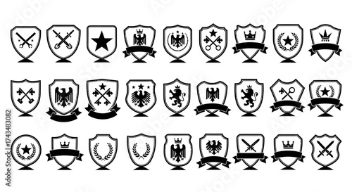 Collection of Heraldic Shield Designs with Various Emblems and Crests.