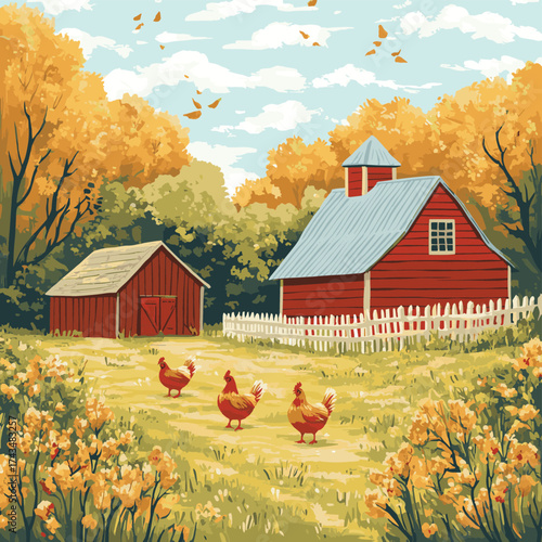 Vibrant Photo of a Rustic Farmyard with Chickens , vector style simple color
