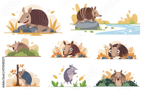 Armadillos in Various Poses Expressing Different Emotions and Actions.