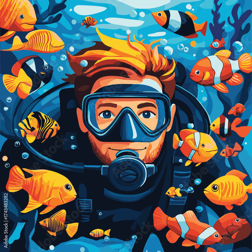 Smiling Scuba Diver Surrounded by Colorful Fish in Tropical Waters , vector style simple color
