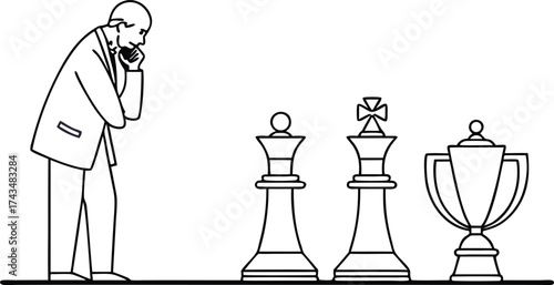 Strategic thinking for business success, executive plans strategy like chess to win a trophy, vector illustration of business leadership