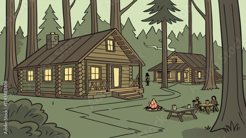 Cozy log cabins nestled in a serene forest, inviting retreat for nature lovers, perfect for vacation rentals and outdoor adventure themes