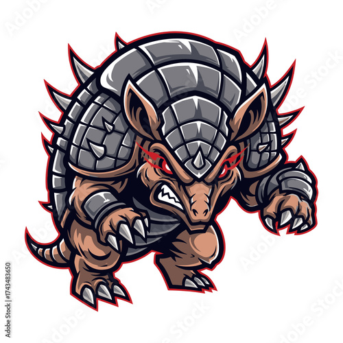 Armored Armadillo Mascot with Glowing Red Eyes and Menacing Expression.
