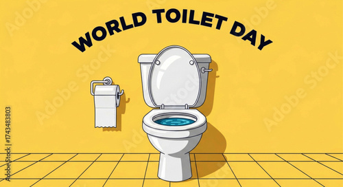 Cartoon Illustration of a White Toilet with Open Lid and Blue Water