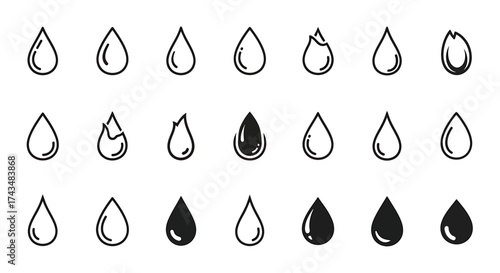 Collection of Water Drop Illustrations in Various Styles and Forms.
