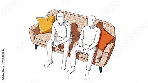 CAD Drawings – Couples Outlines Sitting and Talking on Sofa Isolated Vector Illustration