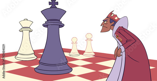 King's frustration over chess game loss, cartoon illustration of strategy game, symbolizing defeat and competition, originally vector graphics