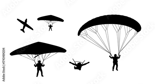 Silhouetted Skydiving and Parachuting Activities on White Background.