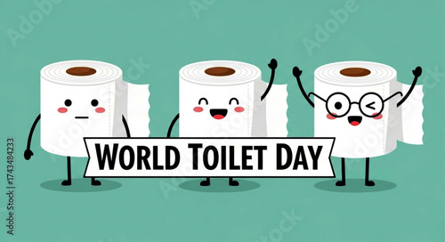 Animated Toilet Paper Rolls Celebrating World Toilet Day with Joyful Expressions.