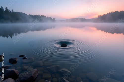 Stone creating ripples on foggy lake water at sunrise