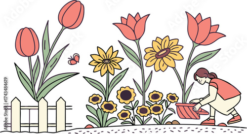 Enchanting garden scene with delicate tulips, sunflowers, and a little girl tending to her flowers, a symbol of nature's beauty