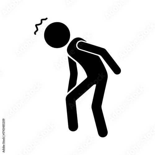 Stickman holding leg and head in pain icon. Tired or dizzy person feeling weak, injured, or exhausted. Silhouette man suffering from leg pain, fatigue, stress, or sickness.