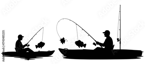 Silhouetted Fishermen in Kayaks Catching Fish on a White Background.