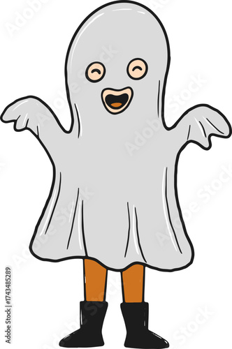 Friendly Cartoon Ghost Character in White Sheet Costume Smiling Happily for Halloween