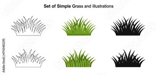 Set of Simple Grass Illustrations Green Black and Outline.