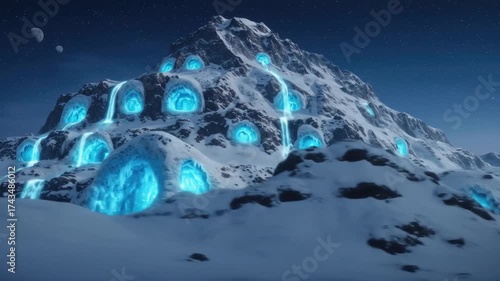 Futuristic mountain landscape with glowing energy portals and flowing water