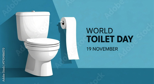 White Ceramic Toilet with Closed Lid and Toilet Paper Roll