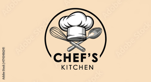 Elegant Chef's Kitchen Logo with Hat, Whisk, and Spoon for Culinary Branding