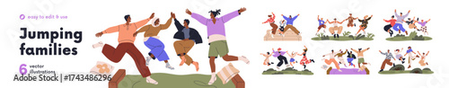 Happy jumping families set. Joyful mom, dad with funny joyous kids laughing, smiling together. Excited parents and children having fun. Flat graphic vector illustrations isolated on white background