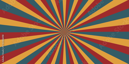 Retro horizontal background with bright rays in the center. Rotating spiral stripes. Sunburst or solar burst retro background. Vector illustration.