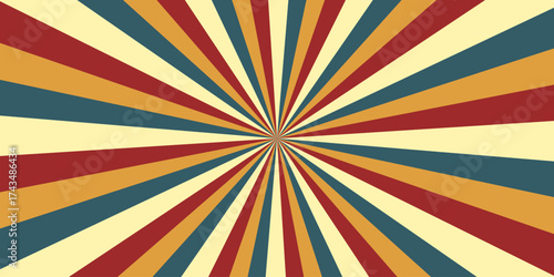 Retro horizontal background with bright rays in the center. Rotating spiral stripes. Sunburst or solar burst retro background. Vector illustration.