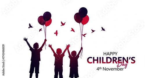 Silhouette of Three Joyful Children Celebrating with Balloons and Birds for Children's Day