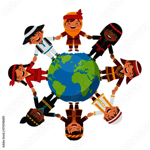 Diverse Children Holding Hands Around the World Globe, Smiling Together