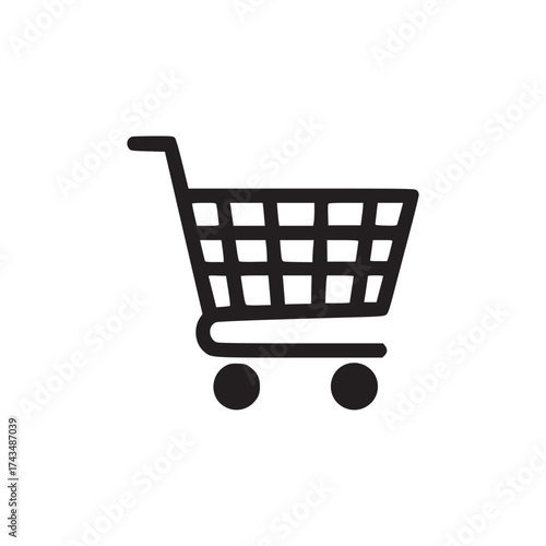 A simple black and white illustration of a shopping cart with a grid pattern and two wheels below