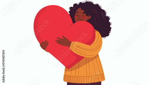 A dark-skinned woman with curly hair is hugging a large red heart, smiling with closed eyes.