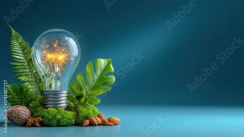 Eco-Friendly Light Bulb Surrounded by Greenery and Nuts