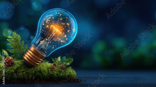 Bright Light Bulb on Mossy Ground with Pine Cones and Background Glow