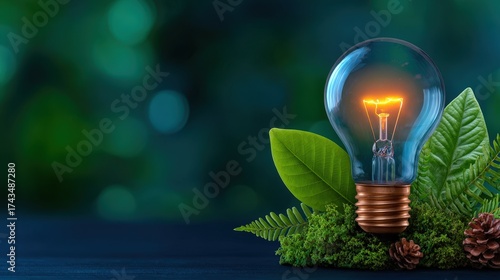 Light Bulb Surrounded by Green Leaves and Natural Elements for Concept