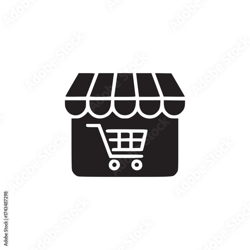 A black and white graphic icon of a store front with a shopping cart on a white background plain