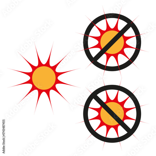 Hot sun warning. No radiation symbol. Vector danger sign. Harmful rays concept.