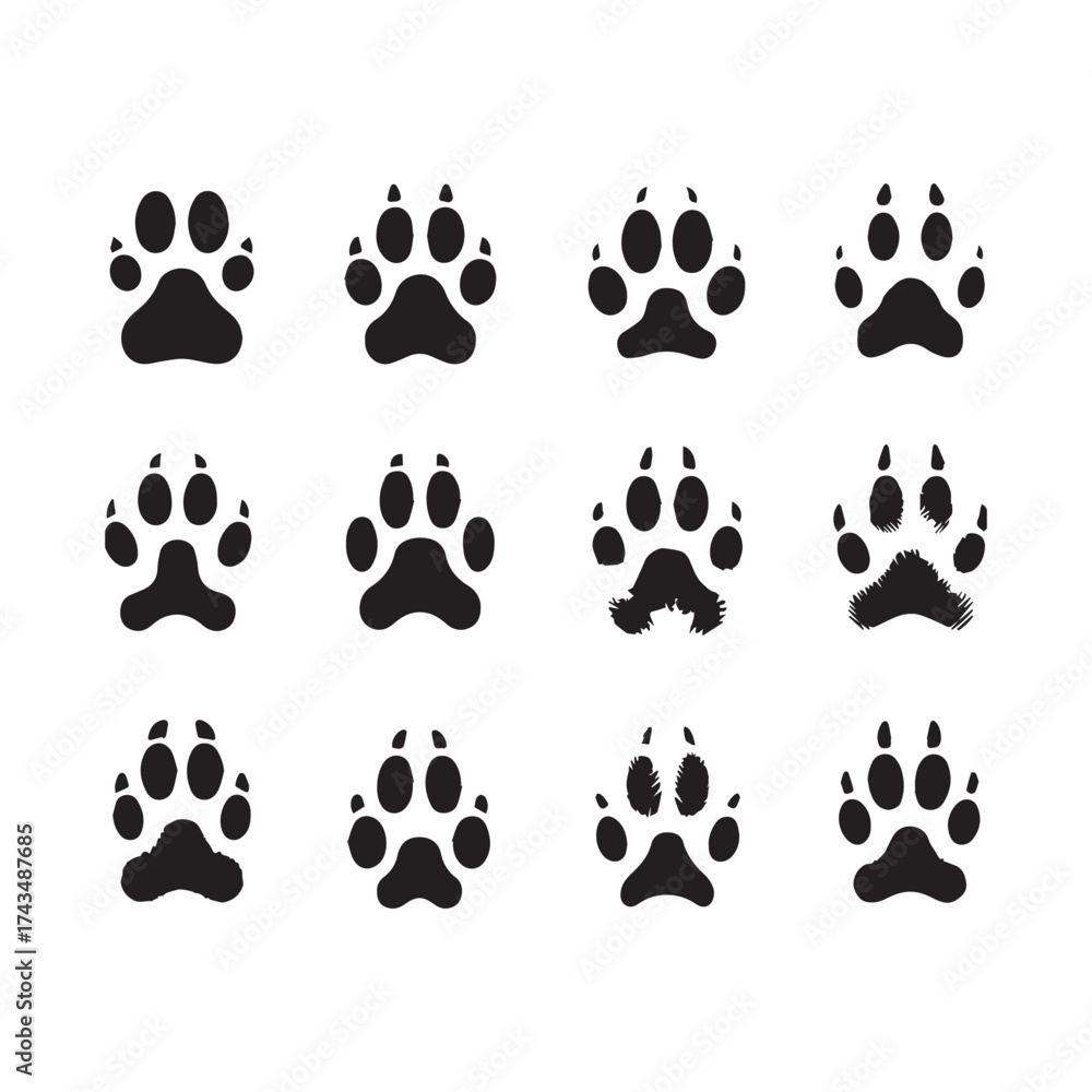 Fototapeta premium Twelve Black Silhouette Icons of Animal Paw Prints with Varied Textures and Styles on White Background